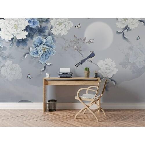 Blue Flower Painting Mural Background Wall Painting Modern Study Room Living Room Bedroom TV Decoration Oil Painting