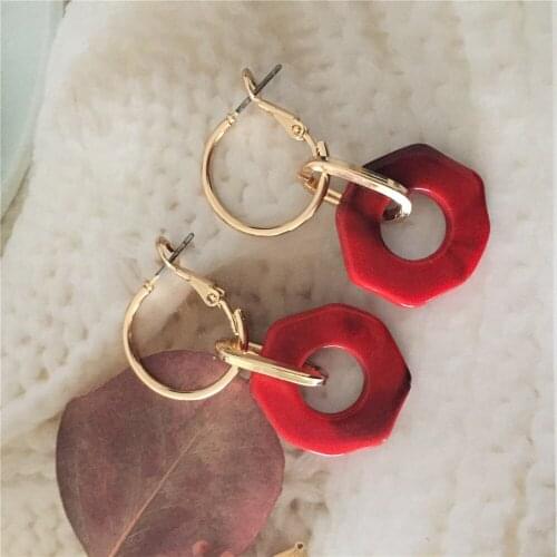 Classic Gold Color Plating Marble Red Navy Green Acrylic Circle Linked Hoop Earrings For Women Girl Lady Gift Jewelry