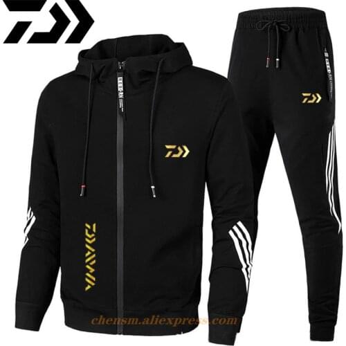 DAIWA Fishing Hooded Suit Outdoor Casual Sport Clothes Mens Professional Clothing Cotton Two Piece Sweatshirt Pants Fishing