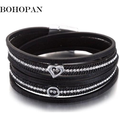 Heart Leather Bracelets For Women Men 3 Color Multilayer Crystal Magnet Punk Bracelet Charm Jewelry pulseras mujer moda 2018