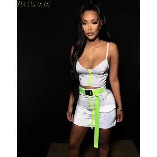 Summer 2 piece sets 2021 reflective backless suspenders crop top and skirt set sexy two piece silver outfits for women party