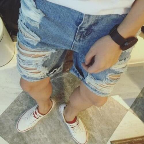 Summer Men Denim Shorts Big Hole Ripped Homme Short Jeans Classic Korean Casual Denim Beachwear Cotton Trousers Free Shipping