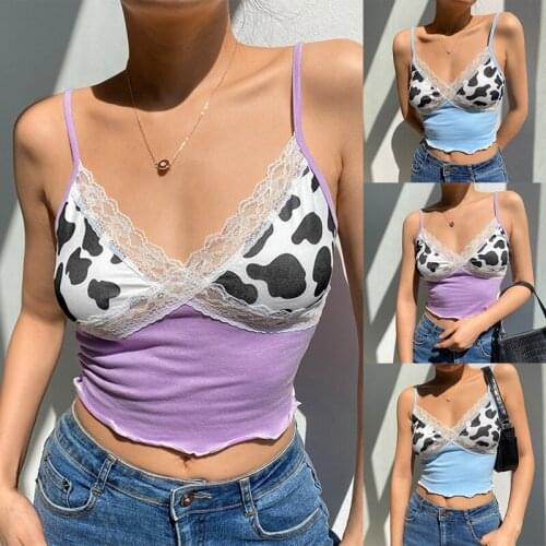 Hot kf-Womens Fashion Sexy Cow Print Stitching Lace Camisole
