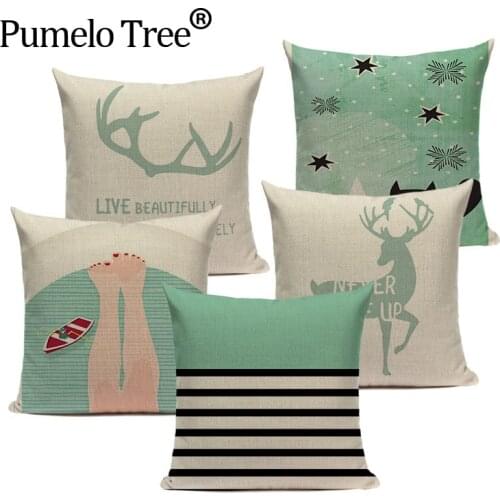 Tropical Style Linen pillow cover Animal Deer Bear Light Blue Cushion Cover Light Blue Home Car Improvement Decor Pillows