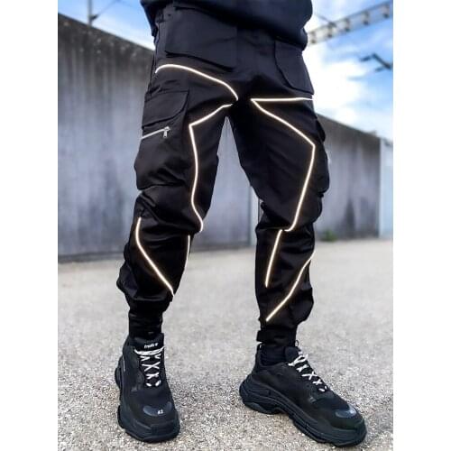 SEVEYFAN Mens 3M Reflective Striped Army Cargo Pants Hip Hop Joggers Pants Streetwear