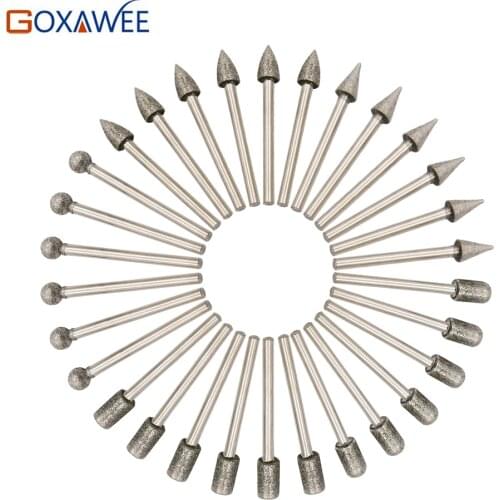 GOXAWEE 30PCS Diamond Rotary Burr Set Drill Bit 3x6mm Abrasive Tools Stone Grinding Polishing Rotary Tools For Dremel Mini Drill
