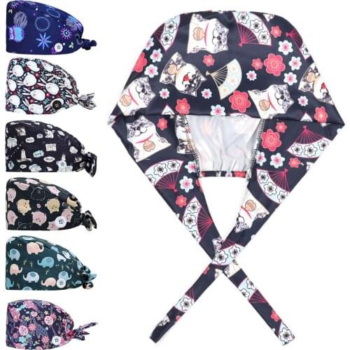 New Adjustable Scrub Sanitary Hat Floral Bouffant Sanitary Cap with Sweatband Cartoon Printing Beautician Dustproof Gourd Caps
