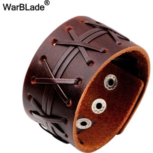 WarBLade 2018 New Fashion Mens Genuine Leather Wide Bracelets Bangles Men Wrap Bracelet Punk Cuff Wristband For Women Jewelry
