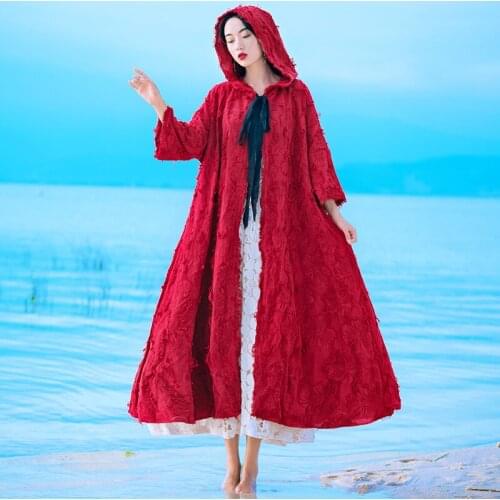 Plus Size Long Cloak Coat Spring Women Vintage Hooded Collar Long Sleeve Red Trench Coats Tassel Embroidery Lace-up Outerwear