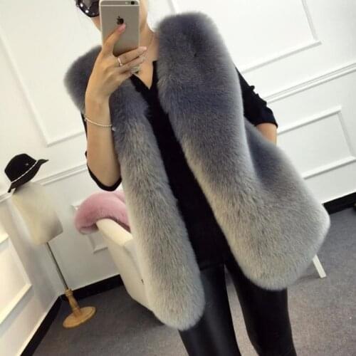 Gray Autumn Winter New Fox Artificial Fur Grass Vest Womens Middle Long Loose Coat Women Vest Sleeveless Over Coat Top Clothes