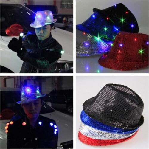 Children Adult Glowing LED Light Up Blinking Flashing Child Kids Sequin Party Hat Jazz Hat Cap Birthday Party Show Dance Wedding