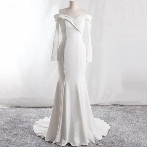 LZ433 Simple Pleat V-Neck Off the Shoulder Ivory Wedding Dress Soft Satin Long Sleeve Buttons Mermaid Dress