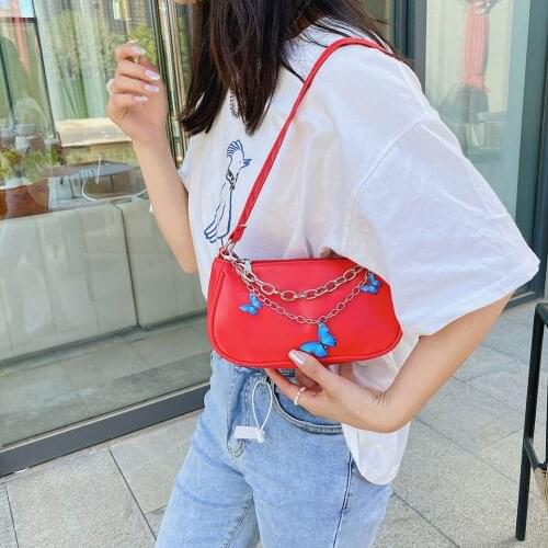 Vintage Women Butterfly Double Chain PU Leather Shoulder Underarm Bag Casual Solid Color Small Handbag Purse Mini Shoulder Bag
