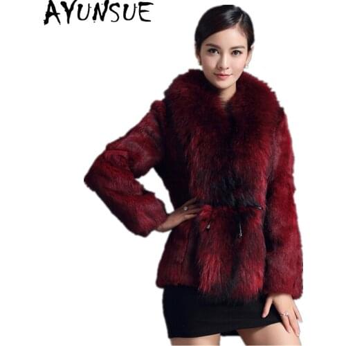 AYUNSUE Genuine Rabbit Fur Coat Natural Fur Coats Winter Warm Female Jacket Real Raccoon Fur Collar Jackets For Women WYQ824