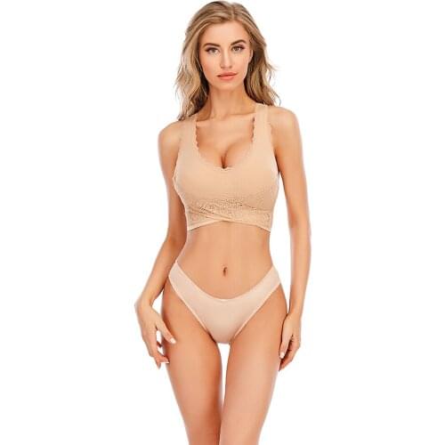 Cross Front Side Buckle Bras Women Lace Brassiere Sports Seamless Workout Gym Activewear with Removable Bra