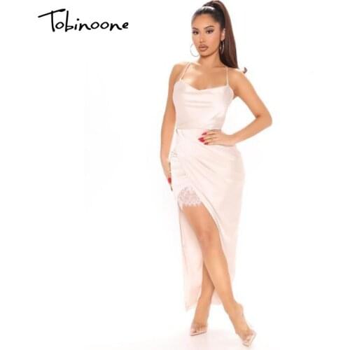 Tobinoone Lace High Split Sexy White Dress Women Spaghetti Strap Backless Lace Up Pleated Party Dresses Summer High Waist Robes