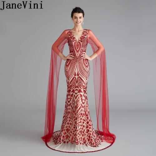 JaneVini Arabic Sequin Mermaid Party Gown Long Evening Dresses Formal Dress Long Sleeve Bling Sequined Saudi Arabia Dress Robe