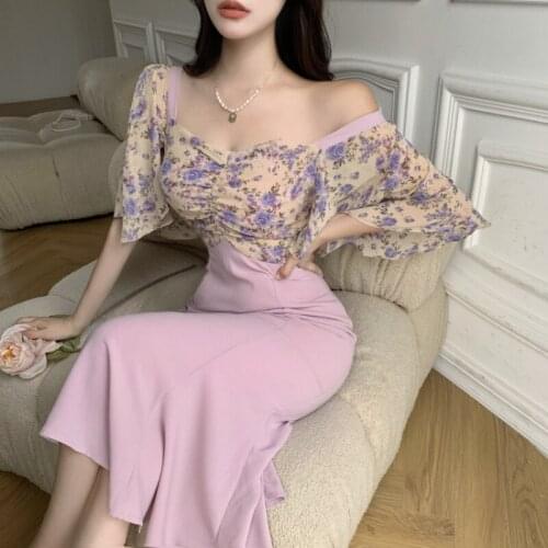 Floral France Vintage Elegant Dress Women Casual Evening Party Midi Dresses 2021 Bodycon Korean Fashion Fishtail Sundress Summer
