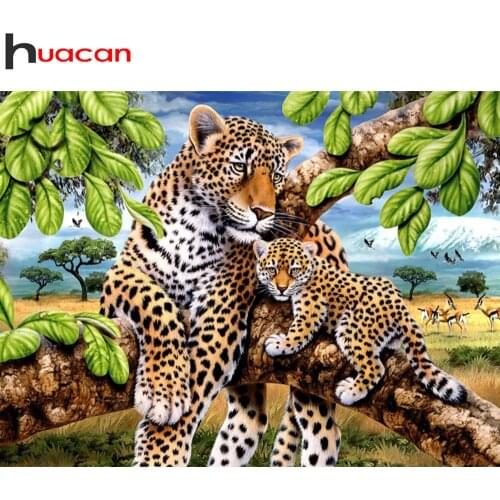 Huacan Diamond Painting Mosaic Leopard Animal Home Decor Diamond Embroidery Cross Stitch Tree Natural Scenery Wall Stickers