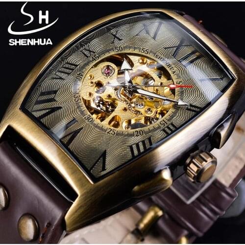 Shenhua Golden Skeleton Dial Retro Roman Analog Men Watches Automatic Brown Leather Band Luminous Top Brand Mechanical Clock