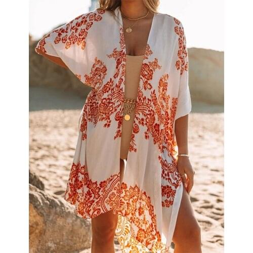 2021 Elegant Women Swimsuit Boho Cover Up Beach Dress Slit Beachwear Vintage Print Chiffon Cover Up Mid-Length Holiday Cover Up