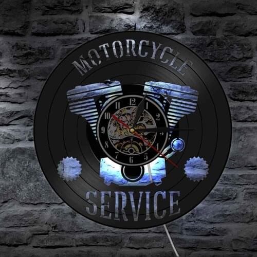 Motorcycle Service Business Wall Art Clock Motorbike Repair Vinyl Record Wall Clock Garage Decorative 3D LED Illuminated Light