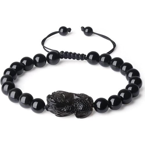 Charming 8mm Mens Pixiu Black Obsidian Stone Beaded Bracelet