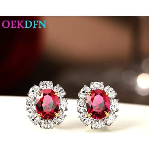 OEKDFN Vintage 925 Sterling Silver Stud Earrings For Women Sparkling Oval 7*9MM Ruby Zircone Gemstone Fine Jewelry