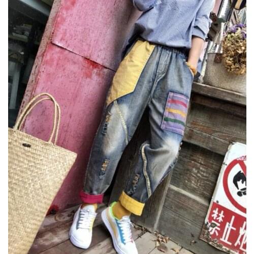 Autumn Jeans Women Loose Casual Denim Pants Female New Elastic Waist Patchwork Bleached hole pocket Blended Streetwear Trousers