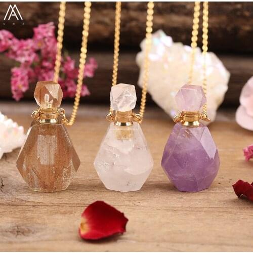 Champagne Glass Crystal Stone Faceted Perfume Bottle Pendant Chains Necklace Women Gems Stone Essential Oil Diffuser Jewelry