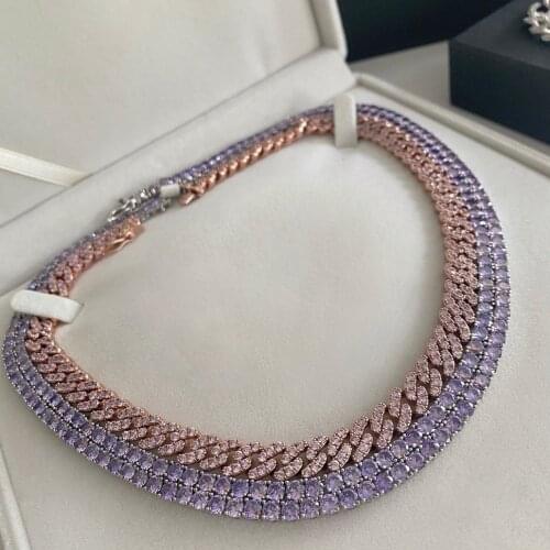 2021 Luxury 5mm round cut purple cz paved women choker necklace with silver color plated hip hop new necklace jewelry wholesale