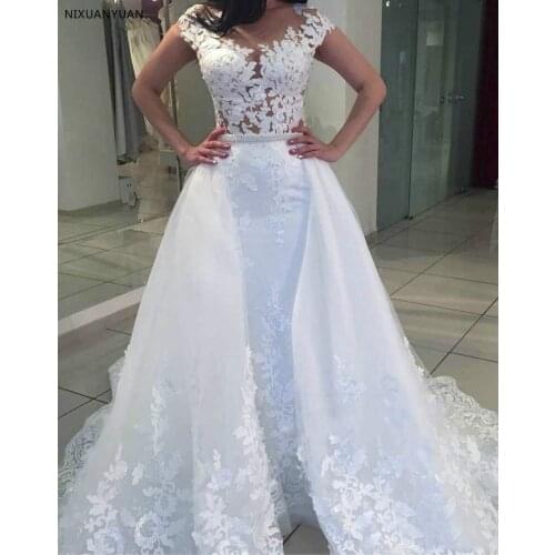 Vestido De Noiva Cap Sleeve Mermaid Wedding Dress Detachable Train Wedding Dresses Illusion Bridal Gowns Sexy Lady Dress