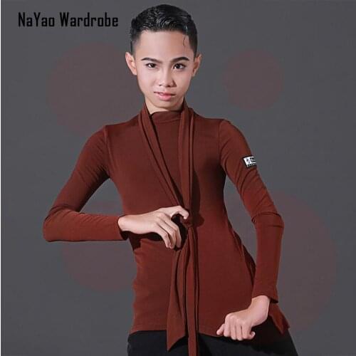2021 New HN5020 Long Sleeve Kids Latin Dance Tops Neck Band Design Male Latin Dancing Tops Belly Ballroom Tango Dresses