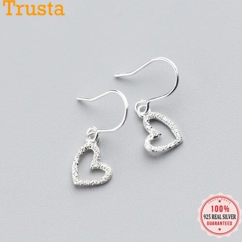 Trusta 2019 Womens 100% 925 Real Sterling Silver 20mmX7mm Hollow Heart Earrings Fashion Girl Lady Xmas Gift DS508