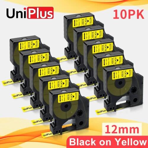 UniPlus 45018 Black on Yellow D1 Labeling Tape 12mm Replacement Dymo Label Tape for Dymo Label Maker Printer Typewriter LW420P