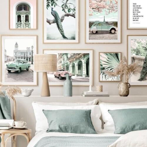 Vintage Car Building Peacock Quote Flower Wall Art Canvas Painting Nordic Posters And Prints Wall Pictures For Living Room Decor