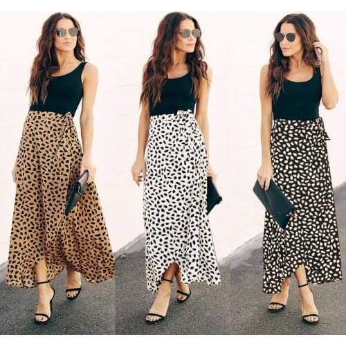 Summer Print Midi Skirts Women Casual Chiffon Tie-Waist Ruffle Loose Boho Skirt Elegant Vacation Lace-Up Wraps Split Skirts