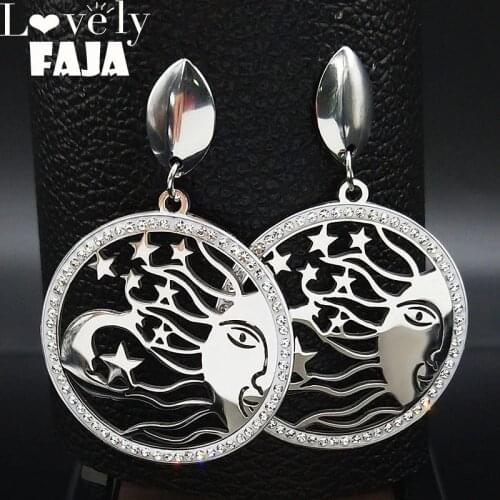 Sun Moon Stars Crystal Stainless Steel Earring Women Silver Color Witchcraft Stud Earrings Jewelry pendientes mujer moda E612757