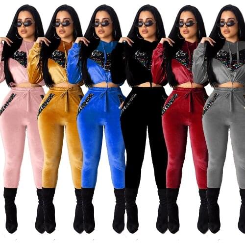 Women Velvet Tracksuit Two Piece Set Club Outfits Warm Winter Long Sleeve Sequin Top+Pant Casual Jogging Femme Matching Sets