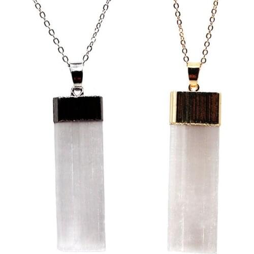 Natural Selenite Pendant Pendulum Column Healing Point White Clear Color Genuine Stone Necklace for Women
