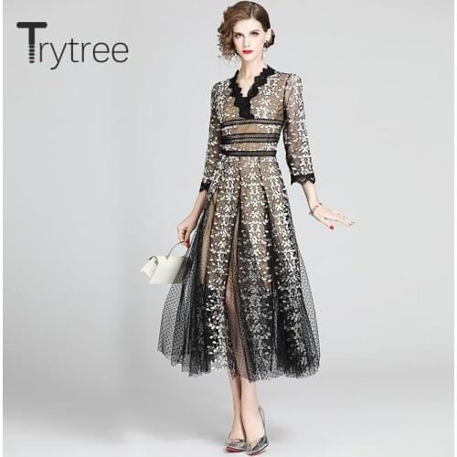 Trytree Spring Summer Woman Casual Dress V-neck Lace Patchwork Mesh Fake two pieces A-Line Fashion Elegant Temperament Dress
