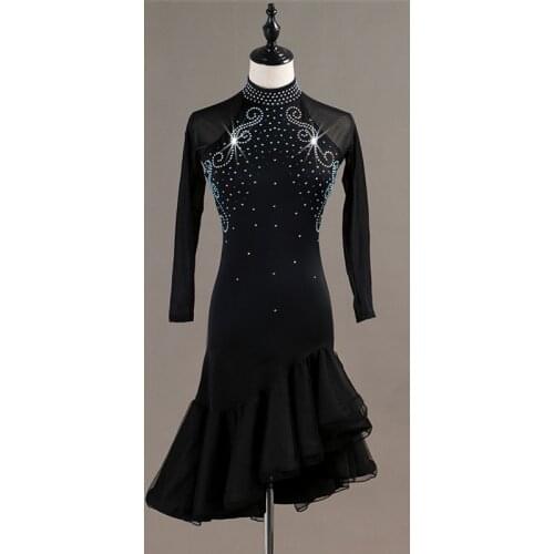 Women New Hollow Back Black Shiny Rhinestone Mesh Transparent Sexy Black Latin Dance Adult Modern Dance Tango Waltz Dinner Dress