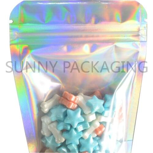 100 pcs One Side Clear and Hologram Foil Stand Up Zip lock Pouch Hologram Standing Zip lock Bags Food Storage Bags Free Shipping