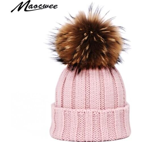 2019 New Winter Autumn Pompon Hats Outdoor Warm Skullies Beanies Hat For Men Women Real Fur Pom Pom Gorras Bonnet Knitted Hat
