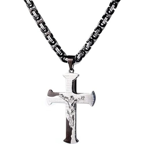6mm Stainless Steel Black Heavy Men Jewelry Gift High Quality Byzantine chain Jesus Cross Crucifix Pendant Necklace 18"-40"
