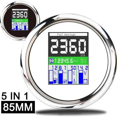 85mm TFT 5 in 1 Multi-functional Gauge Digital Tachometer 9-32V Hours Fuel Level Water Temp Oil Pressure Meter 0~9999 RPM Alarm