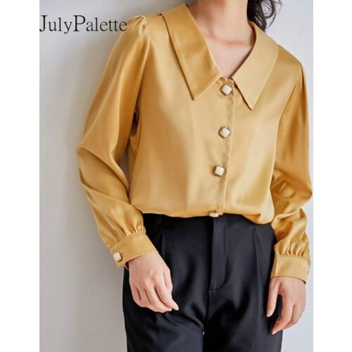 JulyPalette Vintage Peter Pan Collar Stain Blouse For Women Spring Elegant Ladies Long Sleeve Single-breated Tops blusas Femme