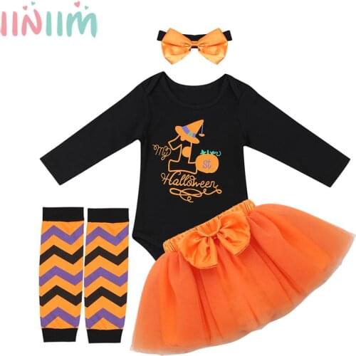 Infant Baby Girls Outfit Fancy Letters My 1st Halloween & Pumpkin & Witch Printed Romper with Tutu Skirt Leg Warmers Headband