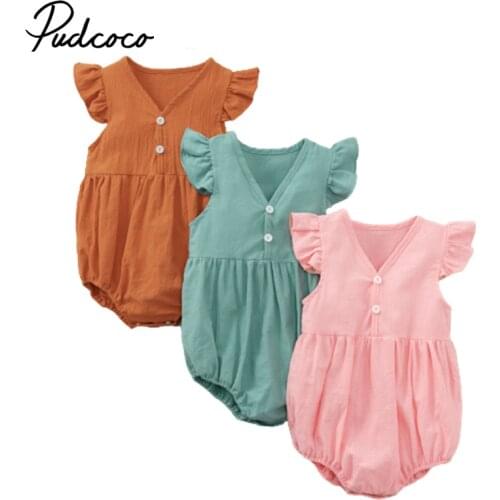 2Pcs Baby Summer Outfit, Solid Color V-Neck Ruffle Sleeves Romper + Match Color Hairband Suit for Toddler Girls, 0-24 Months