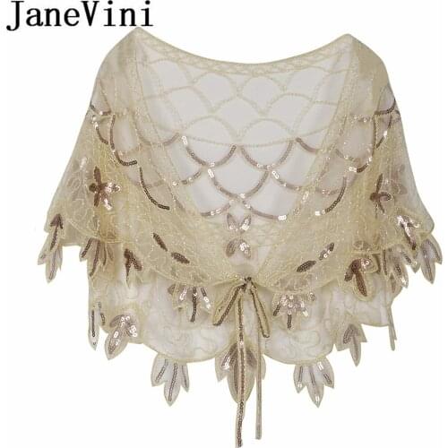 JaneVini Elegant Champagne Gold Bolero Sequin Shrugs Cardigan Women Wedding Jacket Cape Beaded Bridal Wrap Etole Femme Mariage